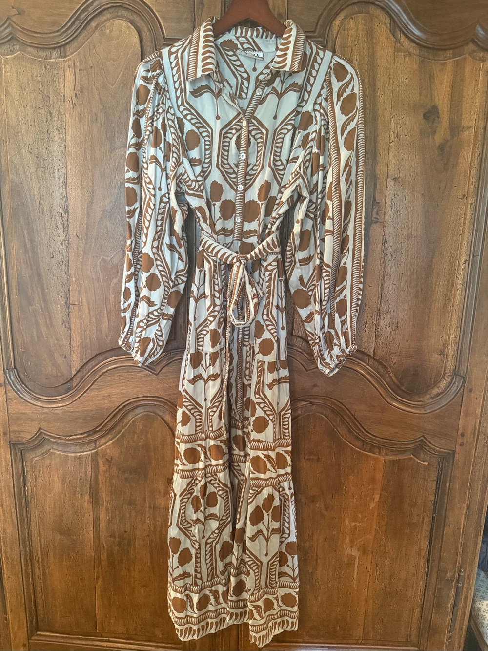 Omika Button-Front Patterned Maxi Dress in Brown and pale Blue